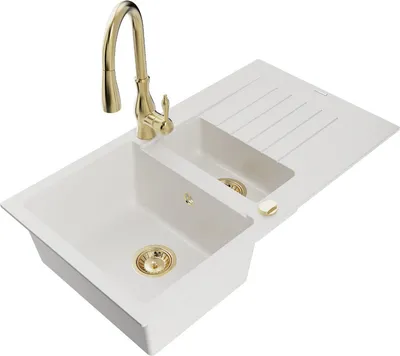 Produktbild von Mexen Matias 1,5-Becken-Granitspüle mit Abtropffläche und Mischbatterie Savita, Weiß - 6502-20-672601-50