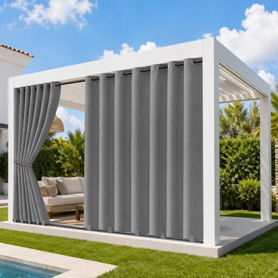 Produktbild von Outdoor Vorhang Extra Breit Leinenoptik Gardinen Verdunkelungsvorhang Sonnenschutz Wetterfest mit Ösen für Terrasse Pavillon, Grau, B254xH214cm