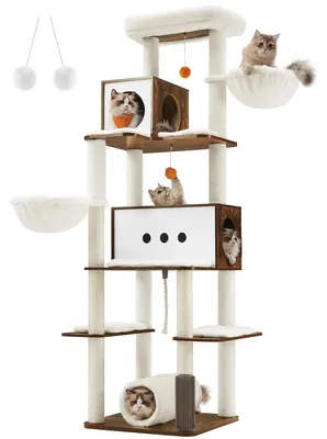 Produktbild von Katzen Kratzbaum & Kletterbaum - Höhe 197 cm - 4 Ebenen - 2 Höhlen - 2 Liegeplätze - Holz - Größe M - Grau