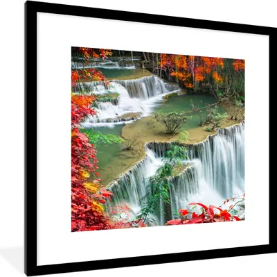 Produktbild von MuchoWow® Gerahmtes Poster Bäume - Wasserfall - Herbst - Natur 40x40 cm - Poster mit Schwarzem Bilderrahmen Wandposter Rahmen Foto Bilder - Poster - Plakat im Rahmen