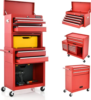 Immagine prodotto di COSTWAY Carrello da officina 2in1 con 9 scomparti e ganci, chiudibile a chiave, 61,5x33x132cm