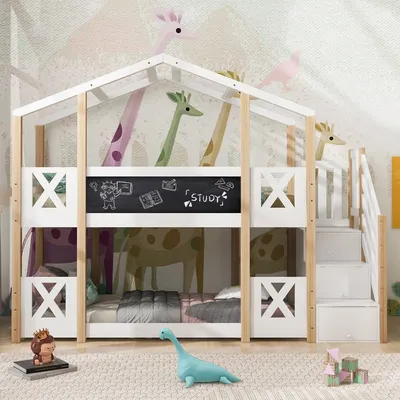 Produktbild von okwish Etagenbett Kinderbett 90 x 200 mit Treppe & Schubladen, Baumhaus Hochbett mit Rausfallschutz, Massivholz Hausbett, ohne Matratze- Weiß