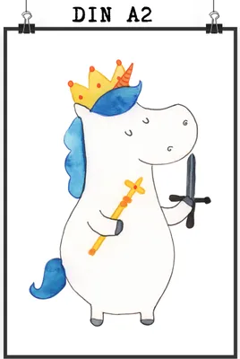 Produktbild von Mr. & Mrs. Panda Bild Einhorn König mit Schwert DIN A2 - Weiß - Geschenk, Einhörner, wanddeko, Wandbild, Kunstdruck, Ritter, Unicorn, drucke, Plakat, Mittelalter