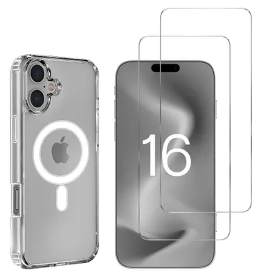 Produktbild von Hülle mit Magnetring für iPhone 16 und 2 Schutzfolien aus gehärtetem Glas Phonillico®