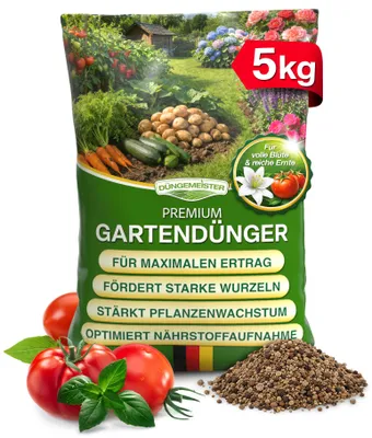 Produktbild von DÜNGEMEISTER Premium Gartendünger 5 kg gegen mickrige Ernte & ausgelaugte Böden - Universal Dünger für Gemüse, Obst, Blumen & Rasen ohne Spezialdünger Chaos - mit Sofort- & Langzeitwirkung (5kg)