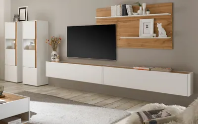 Produktbild von Wohnwand "Center" in weiß und Wotan Eiche 440 cm, Set mit großem TV Lowboard