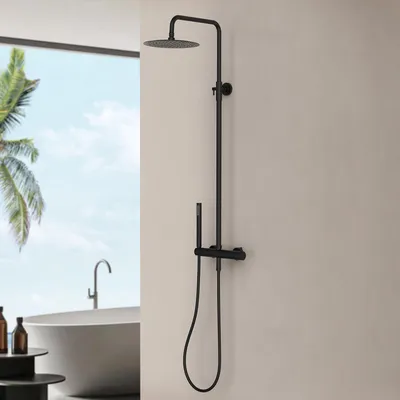 Zdjęcie produktu dla Zestaw prysznicowy Marwell Armatura prysznicowa Classico czarna 88-118x20 cm - dr??ek prysznicowy regulowany - deszczownica - g?ówka prysznicowa z w??em