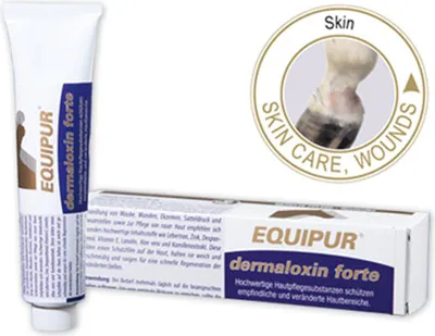 A tube and box of EQUIPUR dermaloxin forte cream, with a circular graphic showing a horse's leg.