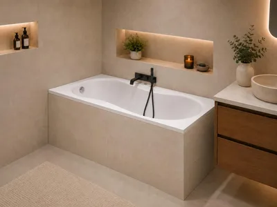 Produktbild von AQUA for you | Badewanne - Polimat GRACJA - Rechteckbadewanne – 180x80 cm – Weiß - mit Chrom-Siphon, Gestell, Füßen, Handtuch, Acrylwanne, KI-generiertes Bild