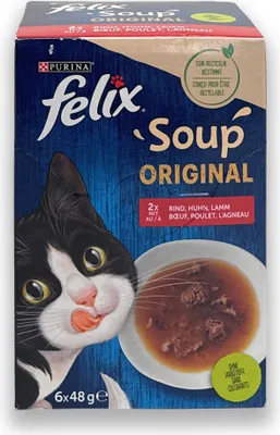 A box of Felix cat food soup with a picture of a cat and a bowl of soup.