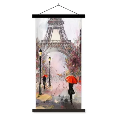Produktbild von MuchoWow® Textilposter Gemälde - Paris - Eiffelturm - Regenschirm - Ölgemälde 40x80 cm mit schwarzem Rahmen - Wandemalerei