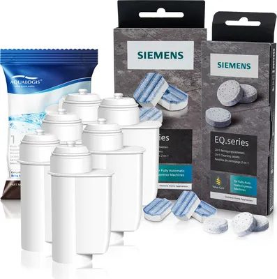 A collection of Siemens coffee machine accessories, including water filters and cleaning tablets, arranged on a white background.