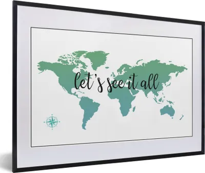 Produktbild von MuchoWow® Gerahmtes Poster Weltkarte - Grün - Zitat - Kinder - Jungen - Mädchen 60x40 cm - Poster mit Schwarzem Bilderrahmen Wandposter Rahmen Foto Bilder - Schlafzimmer - Plakat in Rahmen - Drucken