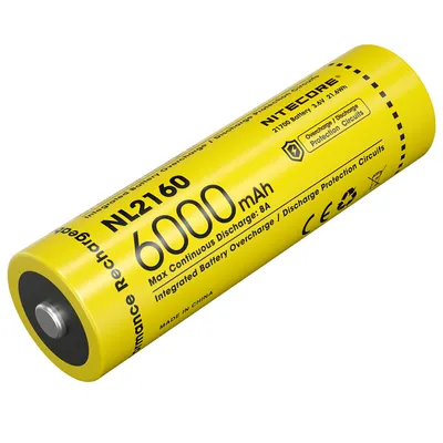 A yellow Nitecore 21700 6000mAh battery is shown against a white background.
