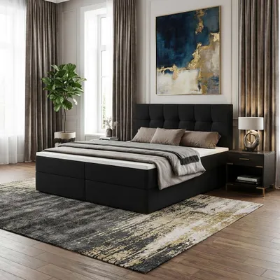 Produktbild von Boxspringbett AUREN 140x200 mit Bettkasten inkl. Bonellmatratze H3 und Topper – Polsterbett Stoff ASTI Schwarz