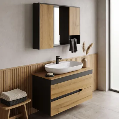Produktbild von Badmöbel Set 100 cm Anthrazit & Eiche | Unterschrank Waschbecken Spiegelschrank