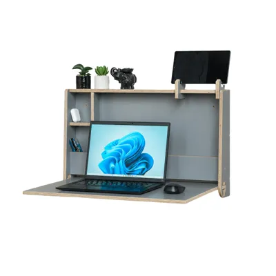 Produktbild von leg&go Wandsekretär mit Stauraum, Wandschreibtisch & Wandklapptisch, Klappschreibtisch für Home Office, 62 x 42 x 10 cm, Grau