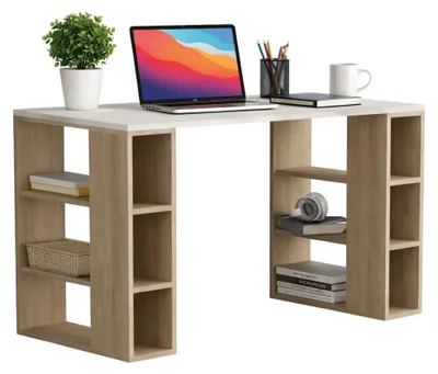 Produktbild von Schreibtisch Betelgeuse, Mehrzweckschreibtisch, Bürotisch für PC, Eckschreibtisch, 140x60 h75 cm, Weiß und Eiche