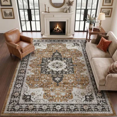Vintage-Teppich 183 x 274 cm, Anti-Rutsch, Kurzflor, Braun