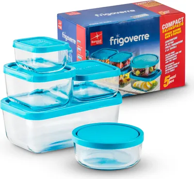 A set of glass food containers with blue lids, displayed with their packaging.