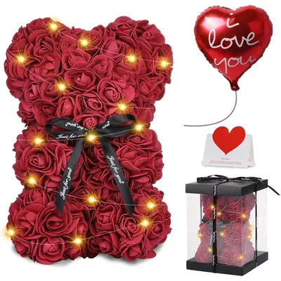Produktbild von Geschenkset 4-in-1 für Muttertag, Bordeauxrot, 25 cm, mit über 250 Kunstrosen in transparenter Geschenkbox