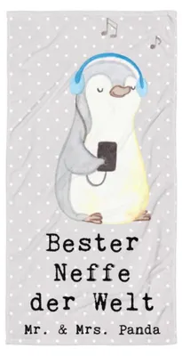 Produktbild von Mr. & Mrs. Panda Strandtuch Pinguin Bester Neffe der Welt - Grau Pastell - Geschenk, Geschenkidee, Duschtuch, Patenkind, Großes Badehandtuch, Duschhandtuch, Taufe, Tante