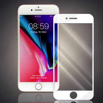 Two white iPhones are displayed against a dark gray background. One iPhone is fully visible, showing its screen with a colorful wallpaper and time displayed. The second iPhone is positioned to the right, and only its front glass screen protector is visible