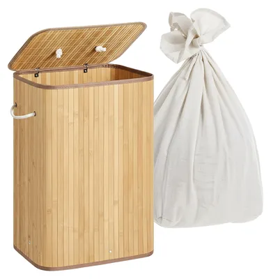 Produktbild von Relaxdays Wäschekorb mit Deckel, 2 Fächer, Bambus, 105 l, faltbar, HxBxT: 63 x 52 x 32 cm, Wäsche Sortiersystem, natur, KI-generiertes Bild