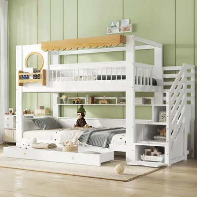 Produktbild von Flieks Kinderbett Hausbett 90x200cm mit Regal, Etagenbett mit Schubladen, Kinder Hochbett mit Stauraumtreppe und Rausfallschutz, Weiß