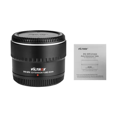 Zdjęcie produktu dla Viltrox DG-GFX 45 mm Automatyczny elektroniczny pierścień przedłużający do makrofotografii, metalowy, z kontaktami elektrycznymi, obsługujący autofokus TTL oraz tryby AF i AE, do obiektywów średnioformatowych z mocowaniem Fuji G-Mount, przeznaczony do aparatów średnioformatowych Fuji G-Mount GFX