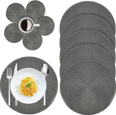 Zdjęcie produktu dla Zestaw Unyqoos® składający się z 12 elementów – 6 okrągłych podkładów pod talerze o średnicy 38 cm + 6 podstawek pod szklanki o średnicy 10 cm, zmywalne, dwustronne, odporne na temperaturę do 90°C, antypoślizgowe, wykonane z polipropylenu (PP), kolor: szary