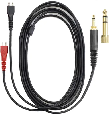A black audio cable with two different connectors on one end and two different audio jacks on the other end, laid out on a white background.