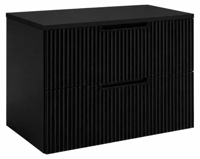 Produktbild von Badezimmerschrank hängend 80 mit Schubladen, Korpus in Schwarz + Platte in Schwarz, mit Griffen, 80 x 46 x 58,6 cm, KI-generiertes Bild