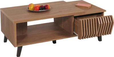 Zdjęcie produktu dla Stolik kawowy HWC-M45, stolik do salonu, stolik boczny do sofy, szuflady 3D 44x120x65cm, brązowy
