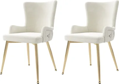 Produktbild von 2er-Set Esszimmerstühle mit Vier goldfarbenen Metallstützbeinen Samtstuhl Küchenstühle Loungesessel für Wohnzimmer Beige