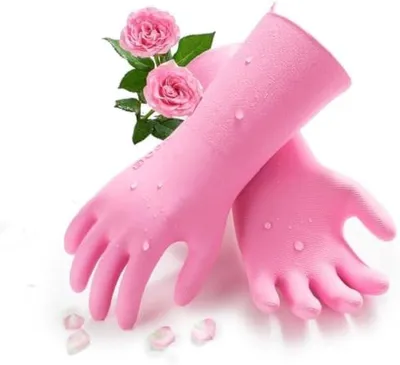 Produktbild von PolkaHome® Lange Spül- und Reinigungshandschuhe – Extra Dick & Rutschfest – Rosa (Größe L, 25 cm)