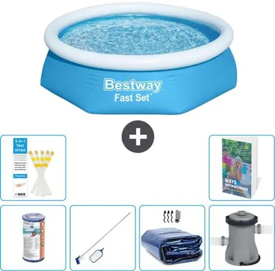 Produktbild von Inflatable Rundes Schwimmbecken - 244 x 61 cm - Blau - Beinhaltet Filter - Reinigungssatz - Sonnenschutz - Schwimmbeckenpumpe - 7-teilig