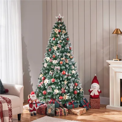 A decorated Christmas tree with presents underneath, a Santa figure, and a snowman figure.