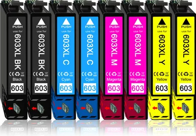 A set of eight printer ink cartridges arranged in a row against a white background.