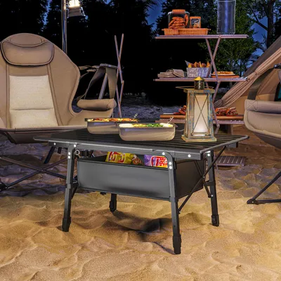 Produktbild von Campingtisch höhenverstellbar 45–66 cm, Klapptisch Outdoor mit Aufbewahrungskorb, Aluminium, Schwarz | 90 x 55 x 66 cm | 3,95 kg | faltbar
