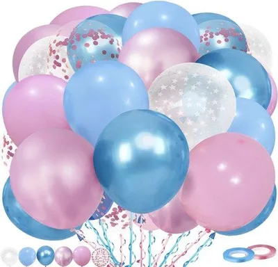 Produktbild von Set aus 60 Farbwechselballons blau und rosa 30 cm mit Konfetti und Band für Baby-Shower Geburtstag und Hochzeit