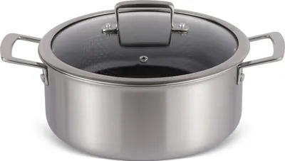 A stainless steel pot with a glass lid is shown against a white background.