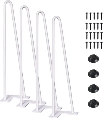 Four white hairpin legs and hardware are displayed against a white background.