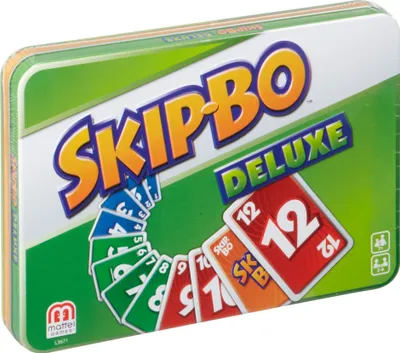 A metal tin containing the Skip-Bo Deluxe card game.