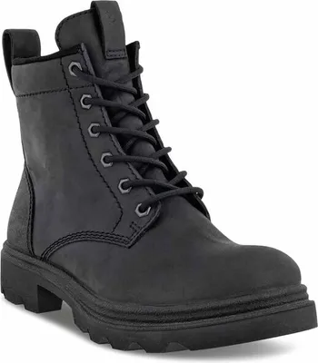 A black leather boot is shown from the side against a white background.