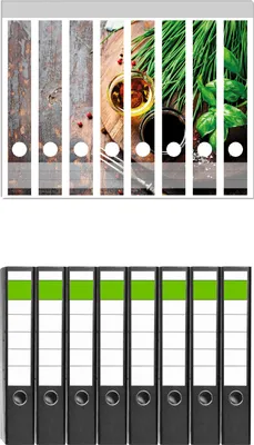 Produktbild von Wallario 8 Stück schmale Ordner inkl. Klebeetiketten mit Motive Kräuter, Öle und Gewürze auf einem Holzbrett -  Set mit Rückenschildern / Ordnerrücken Stickern