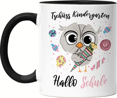 Produktbild von Tschüss Kindergarten Hallo Schule Tasse Schwarz Einschulung Grundschule Süßes Eulen-Motiv