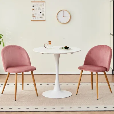 Image de Ensemble de salle à manger comprenant une table ronde et 4 chaises, revêtus en velours rose/blanc, dimensions : 80x80x75 cm