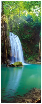 Produktbild von Wallario Wandbild aus Acryl, 125 x 50 cm, freischwebende Optik - Wasserfall im Wald am See  Idylle in Thailand