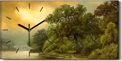 Produktbild von Wanduhr Bürouhr Leinwand Bild 60x30 Malerei Wald Bäume Fluss Himmel Wolken Kunst - schwarze Hände